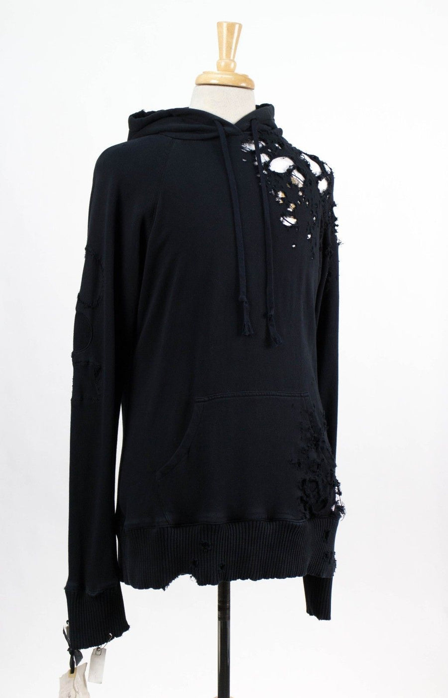 Cotton Destroyed Pullover Hoodie - Black