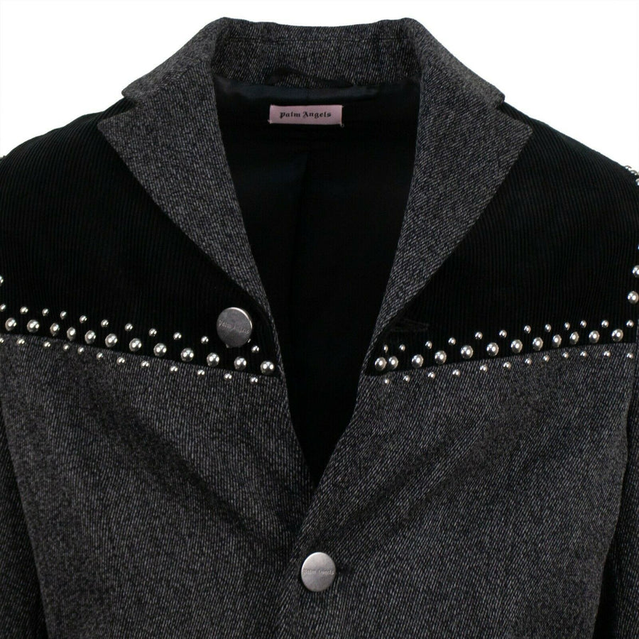 V Cut Studded Melange Long Coat - Gray