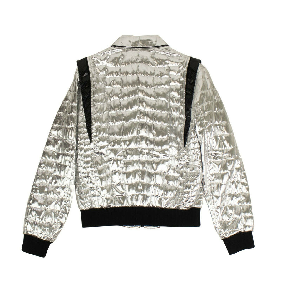 Polyester Zip Up Varsity Bomber Jacket - Metallic Silver