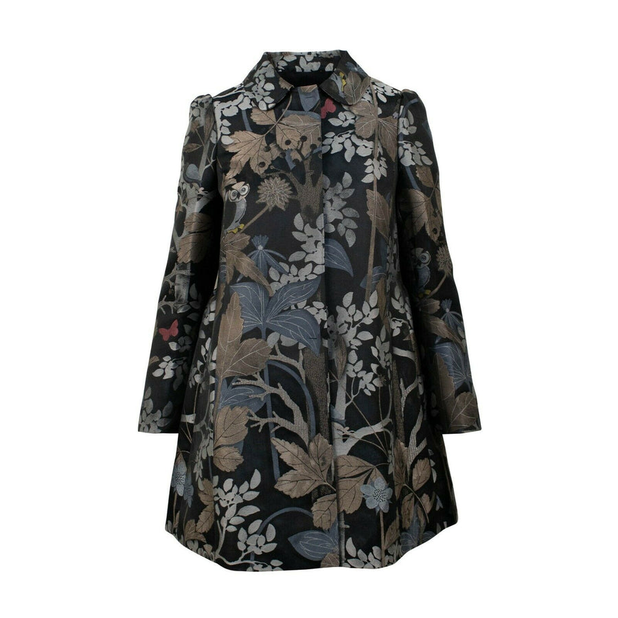 Floral And Owl Print Jacquard Coat - Gray