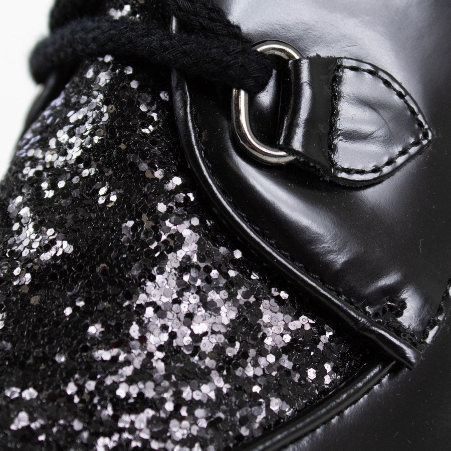 Leather & Glitter Lace Up Booties - Black