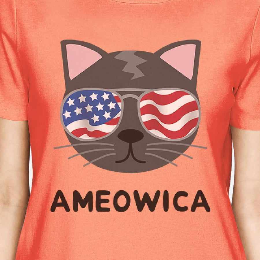 Ameowica Cute Independence Day T-Shirt Idea For Women Round Neck