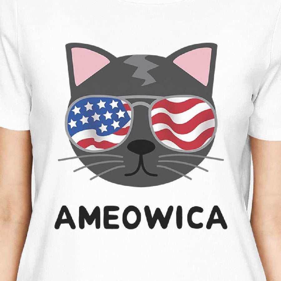 Ameowica Womens White Cat Design Tee Unique Design T-Shirt For Her