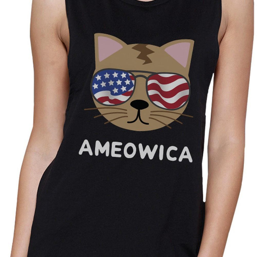 Ameowica Womens Black Graphic Muscle Top Cute Cate Design Tanks