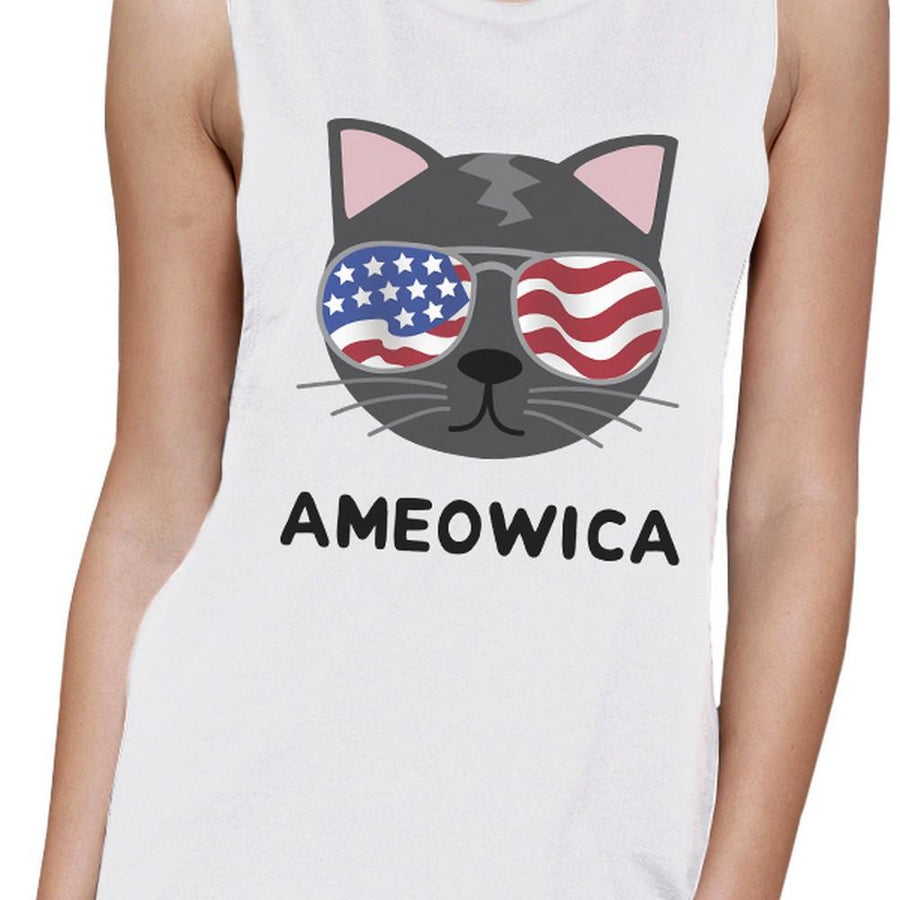 Ameowica Womens White 4th Of July Muscle Tank Top For Cat Lovers