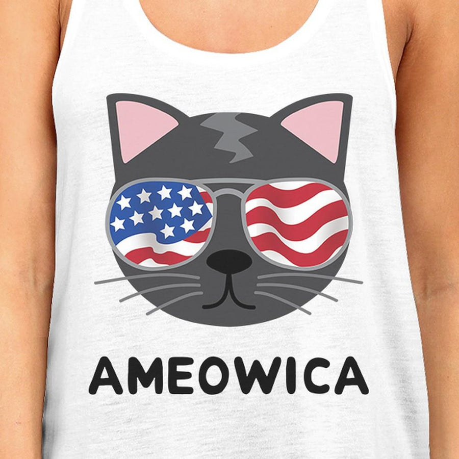 Ameowica Womens White 4th Of July Sleeveless Shirt For Cat Lovers