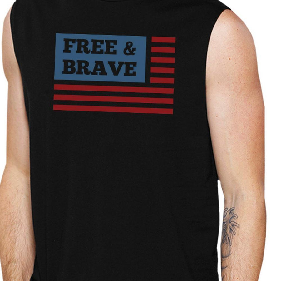 Free & Brave Us Flag Mens Black Funny Muscle Tank Top Crewneck Line