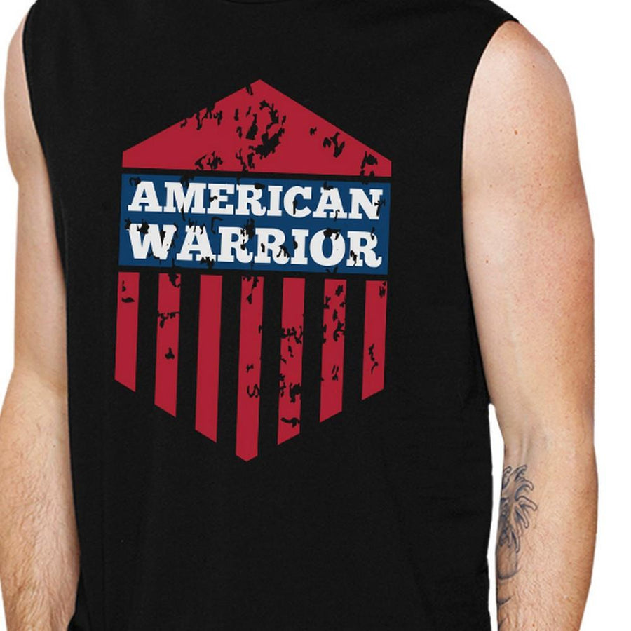 American Warrior Black Crewneck Cotton Graphic Muscle Tanks For Men