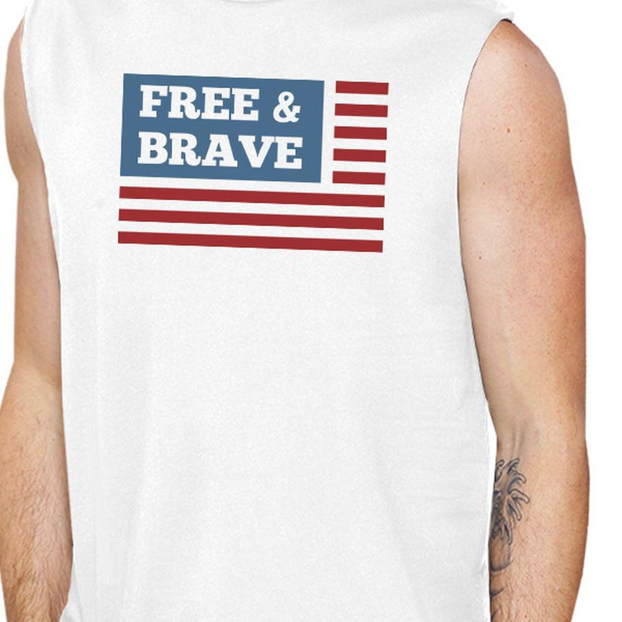 Free & Brave Us Flag Mens White Funny Muscle Tank Top Crewneck Line