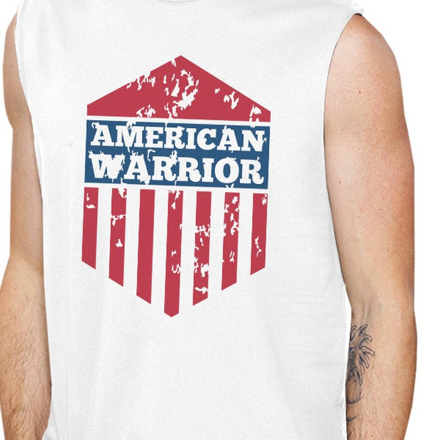 American Warrior White Crewneck Cotton Graphic Muscle Tanks For Men