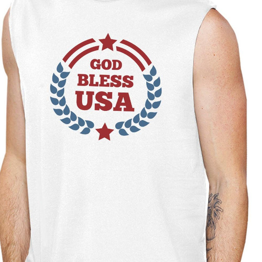 God Bless USA Mens White Cap Sleeve Cotton Muscle Tank Top For Men
