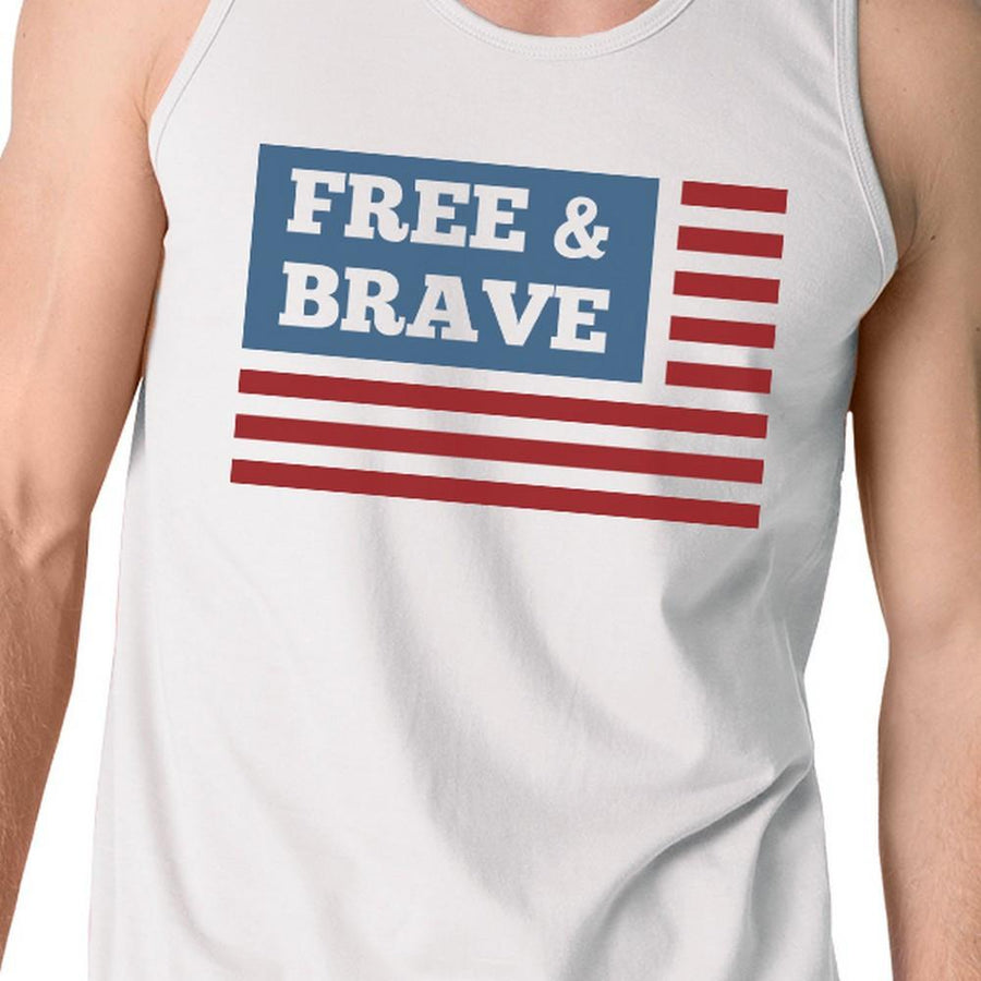 Free & Brave Us Flag Mens White Funny Graphic Tanks Crewneck Line