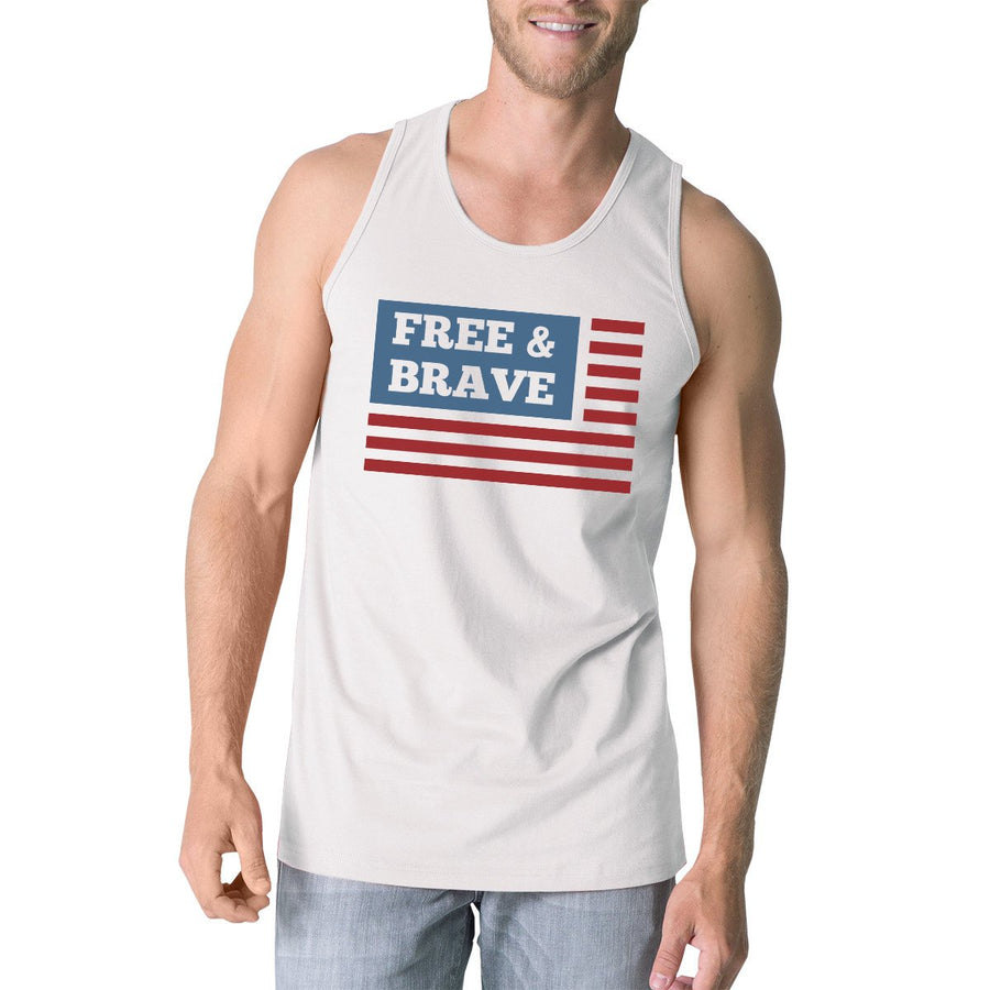 Free & Brave Us Flag Mens White Funny Graphic Tanks Crewneck Line