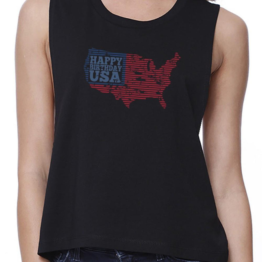 Happy Birthday USA Womens Black Crop Top Cute 4th Of July Outfit