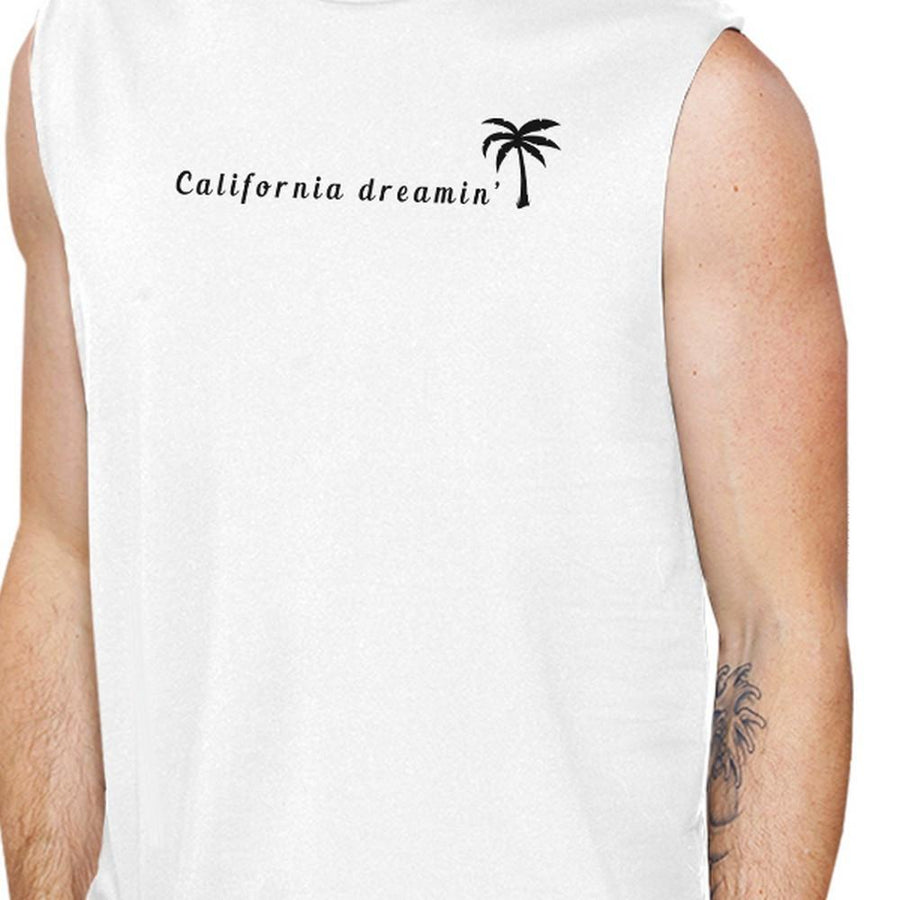California Dreaming Mens White Sleeveless Summer Muscle Tee Cotton