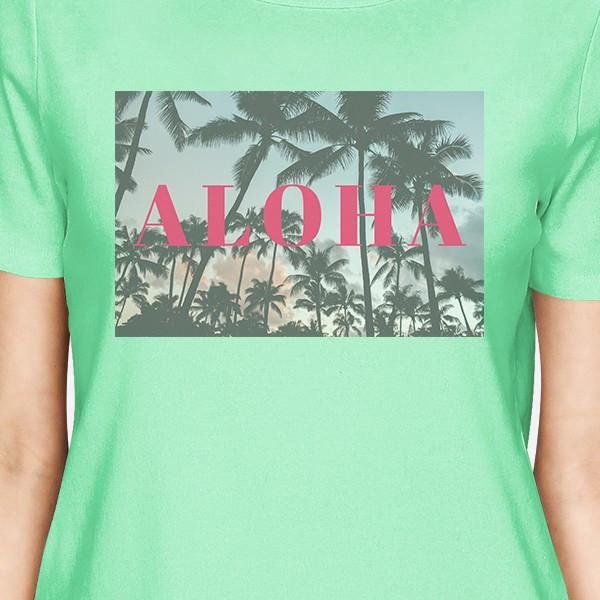 Aloha Letter Printed Womens Mint Tropical T-Shirt Round Neck Cotton