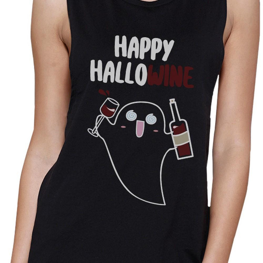 Happy Hallowine Ghost Wine Womens Black Muscle Top