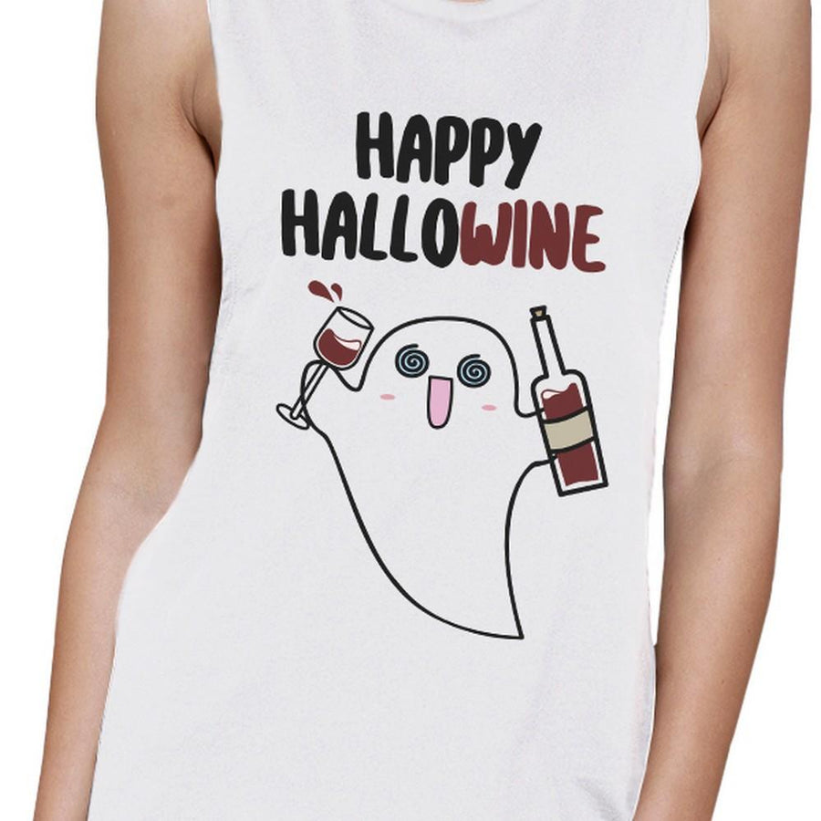 Happy Hallowine Ghost Wine Womens White Muscle Top