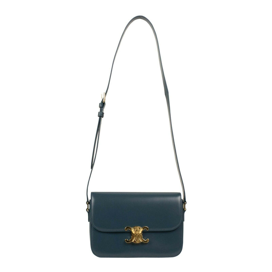 Shiny Calfskin Leather Medium Triomphe Cross Body Bag - Blue