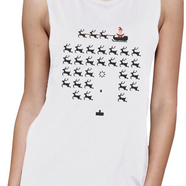 Pixel Game Santa And Rudolph Womens White Muscle Top