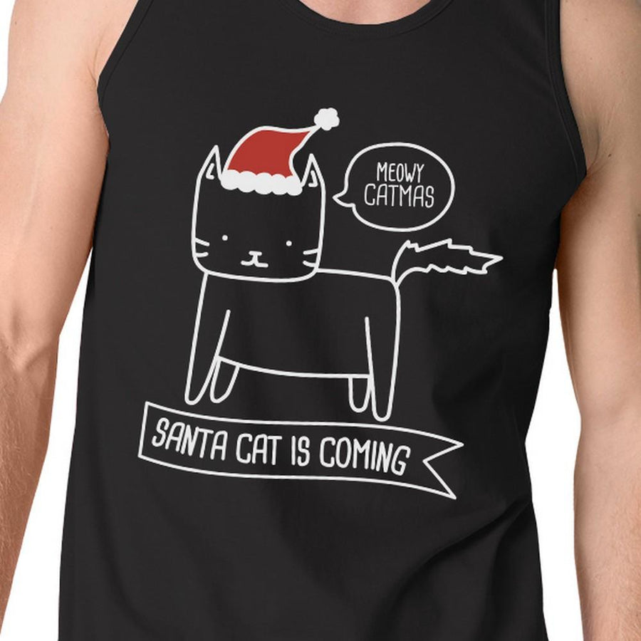 Meowy Catmas Santa Cat Is Coming Mens Black Tank Top