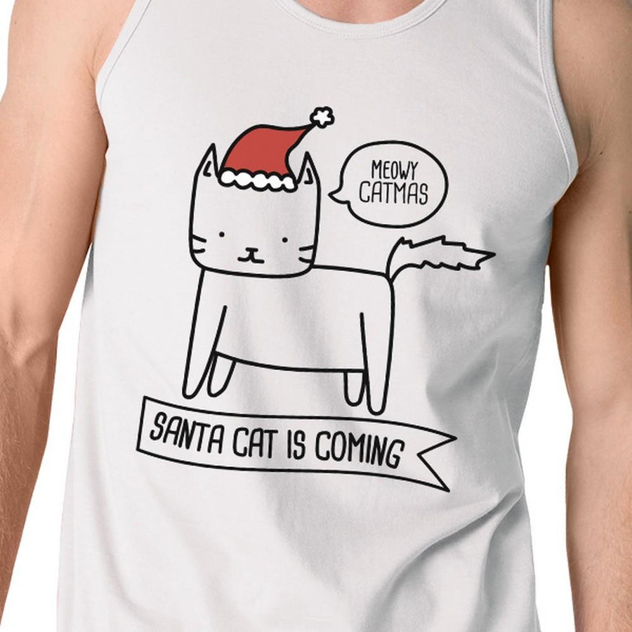 Meowy Catmas Santa Cat Is Coming Mens White Tank Top