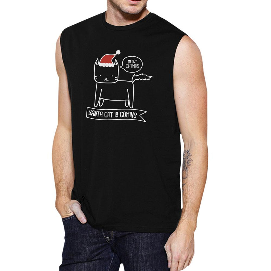 Meowy Catmas Santa Cat Is Coming Mens Black Muscle Top