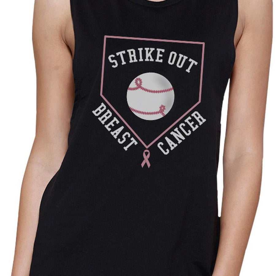 Strike Out Breast Cancer Baseball Womens Black Muscle Top