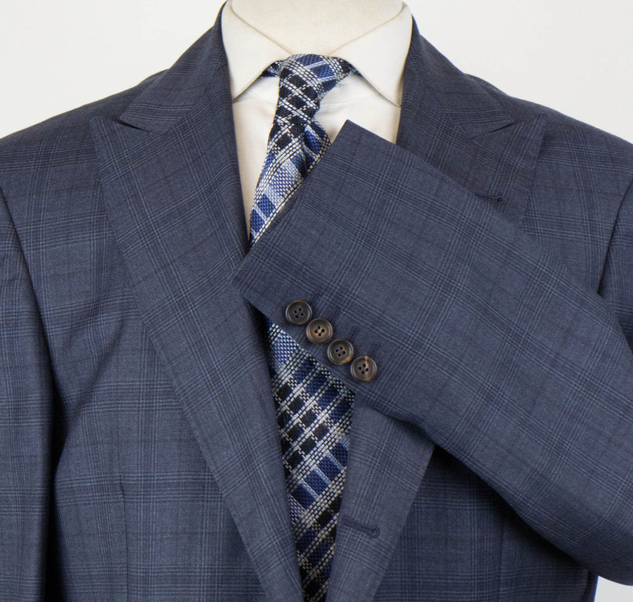 Plaid Wool 3 Roll 2 Button Sport Coat - Blue