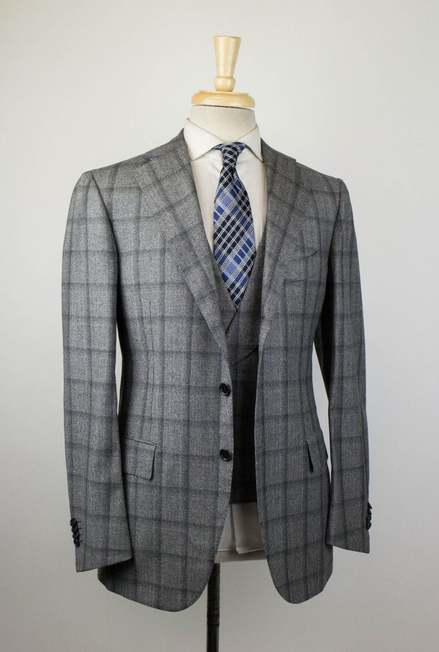 Drop 7 Windowpane Check Wool 3/2 Button 3 Piece Suit - Gray