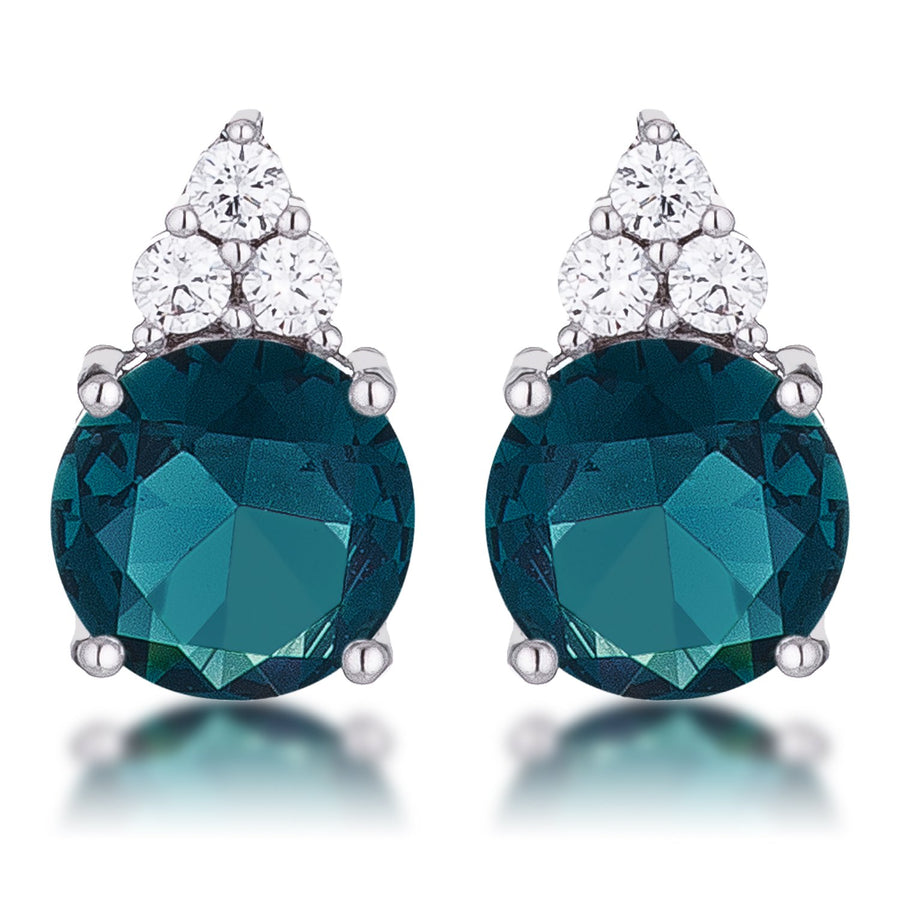 Simple Rhodium Plated 9mm Blue Green CZ Stud Earring
