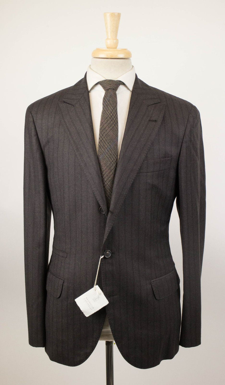 Dark Striped Wool 3/2 Button Suit - Brown