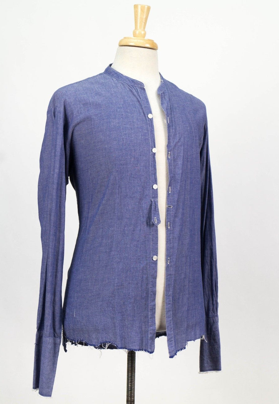 Cotton Mandarin Collar Button Down Casual Shirt - Blue