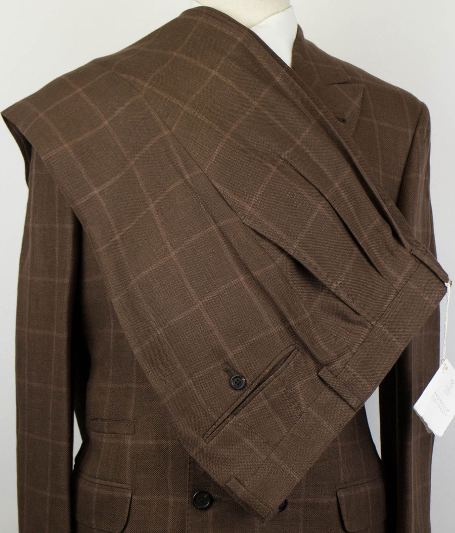 Windowpane Check Wool Blend Double Breasted Suit - Brown