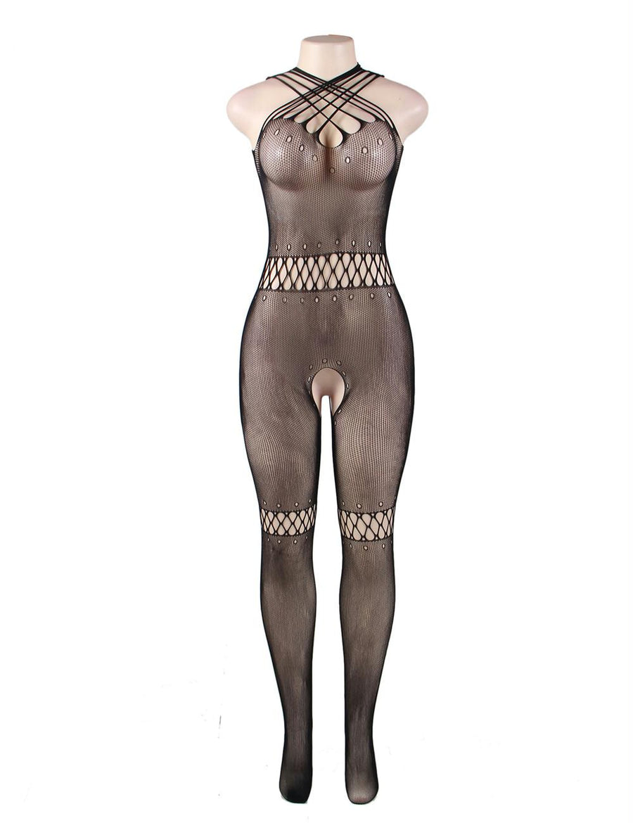 Plus Size Black Multi-Strand Sling Hollow Bodystocking