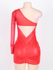 One Sleeve Red Mesh Leather Bodycon Dresses