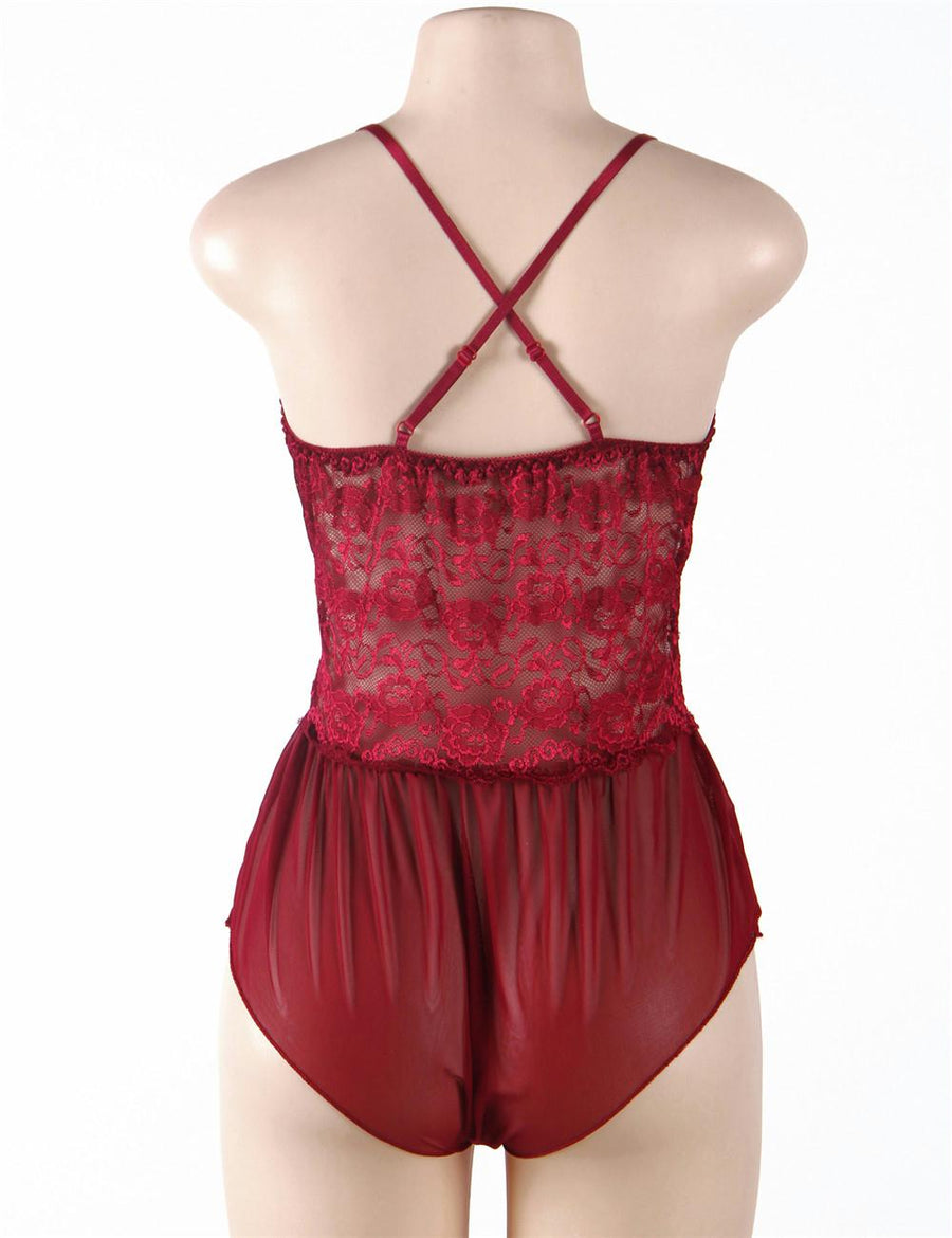 Wine Red Halter Lace Plus Size Teddy Lingerie