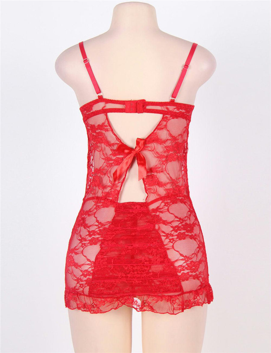 Red Plus Size Floral Lace And Mesh Lingerie