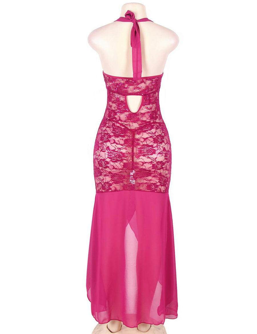 Plus Size Rosy Halter Long Mesh And Lace Dress