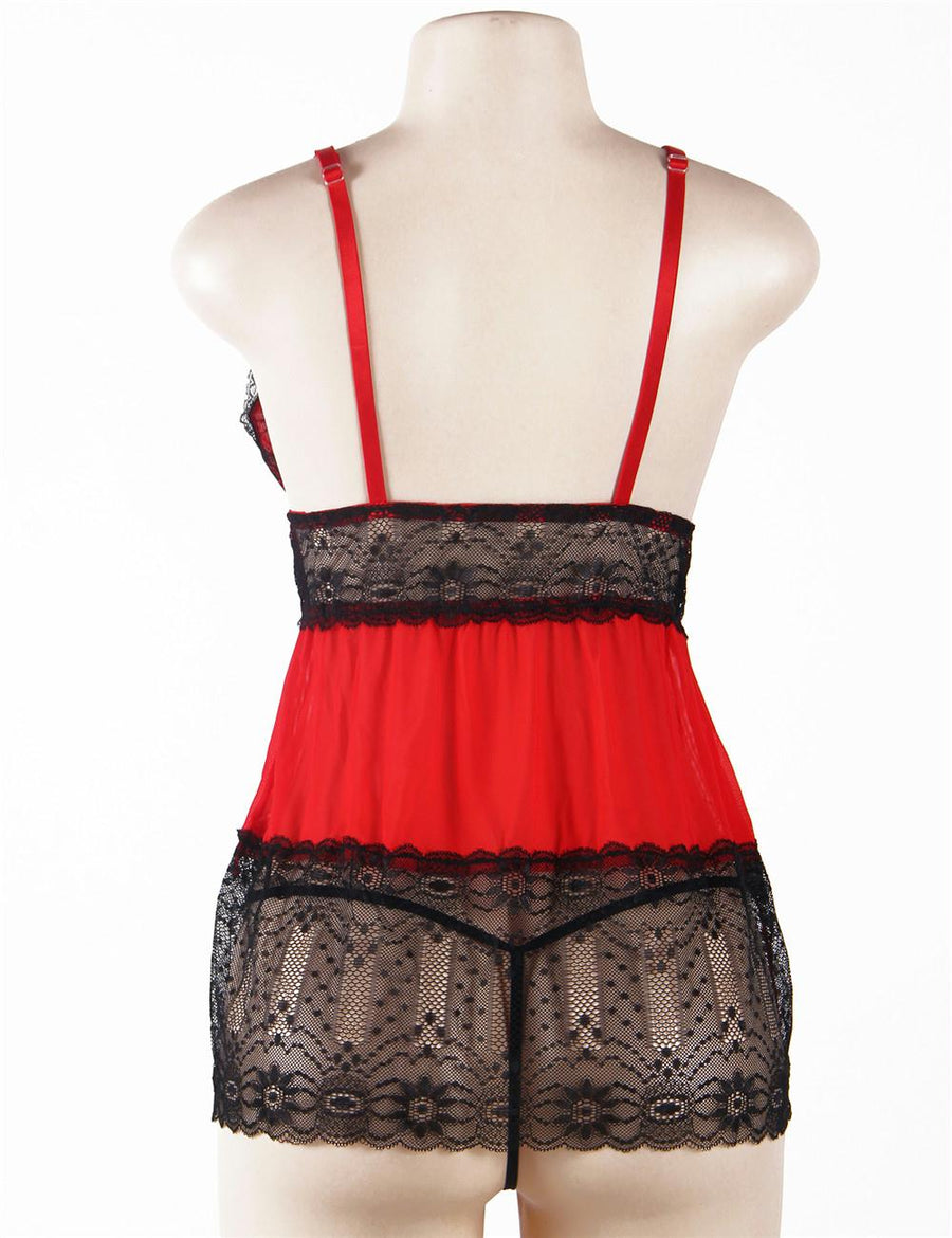 V-Neck Floral Lace Dark Red Plus Size  Babydoll