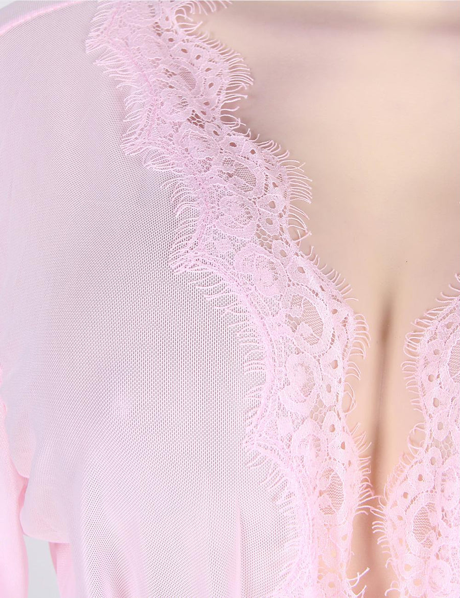 Plus Size Pink Lace Trim Robe With Thong