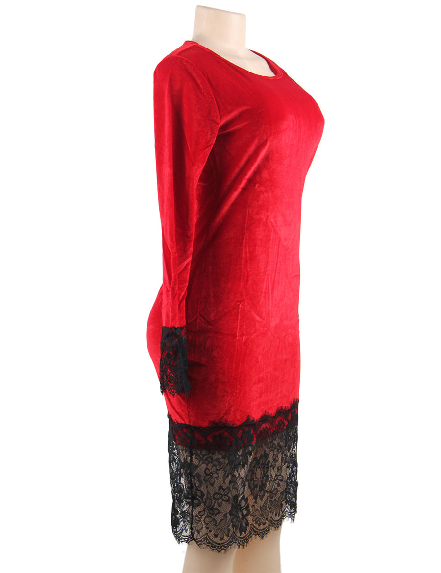 Velvet Lace Hem Sexy Red Details Dress