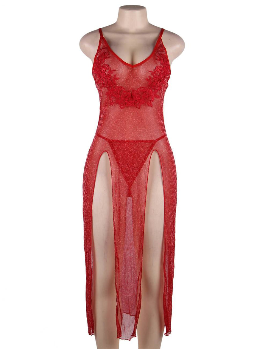 Plus Size Red Long Sheer Gauze Temptation Sexy Nightgown for Curvy Figures