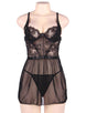 Plus Size Elegant Black Lace Straps Backless Babydoll Set With Steel Ring