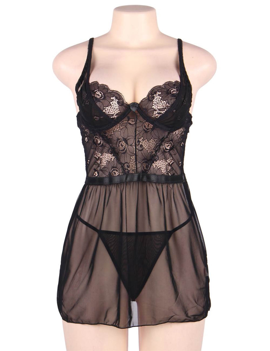 Plus Size Elegant Black Lace Straps Backless Babydoll Set With Steel Ring