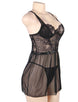 Plus Size Elegant Black Lace Straps Backless Babydoll Set With Steel Ring