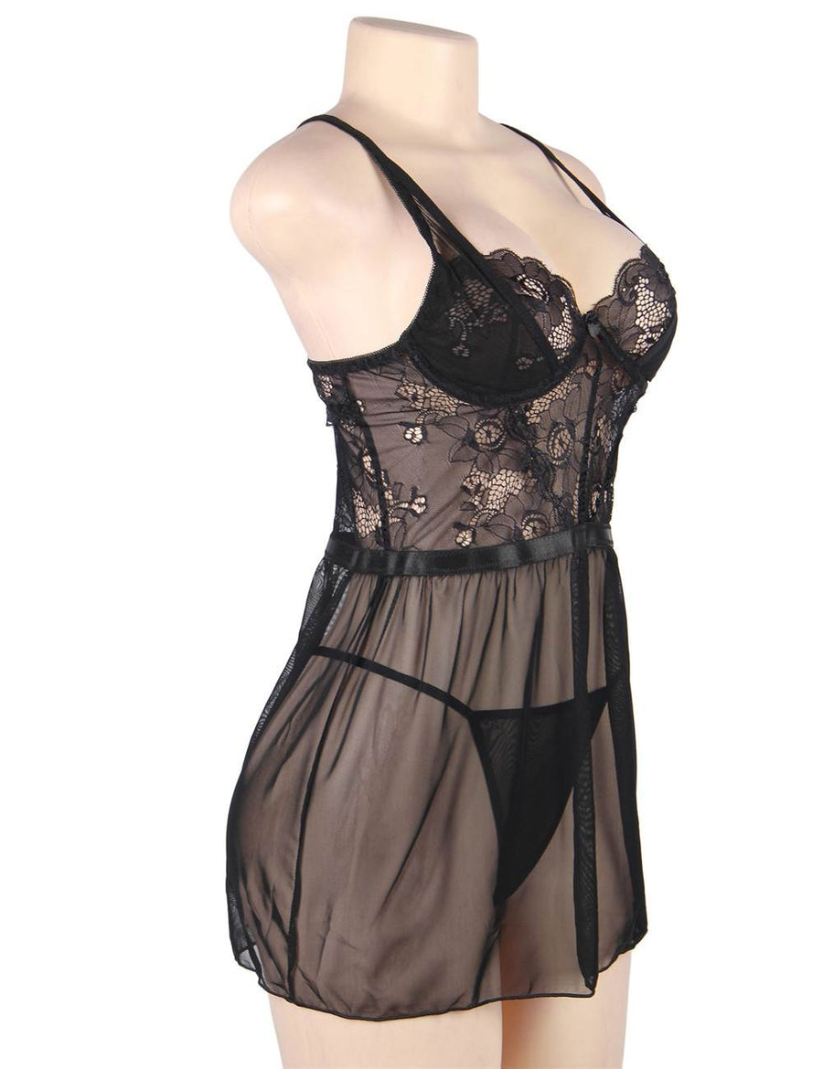 Plus Size Elegant Black Lace Straps Backless Babydoll Set With Steel Ring
