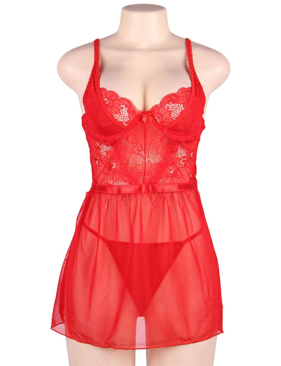 Plus Size Elegant Red Lace straps Backless Babydoll Set  With Steel Ring