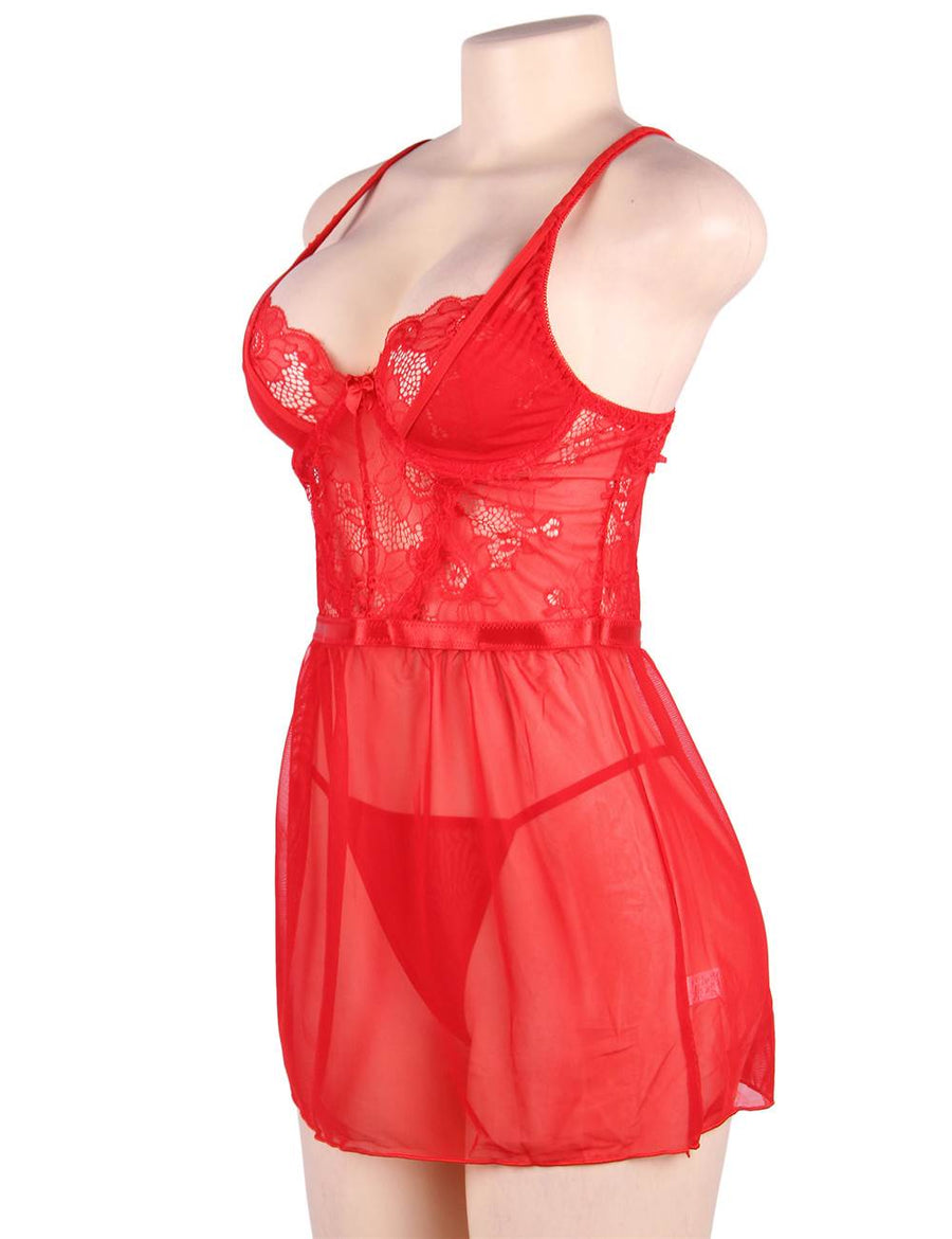 Plus Size Elegant Red Lace straps Backless Babydoll Set  With Steel Ring