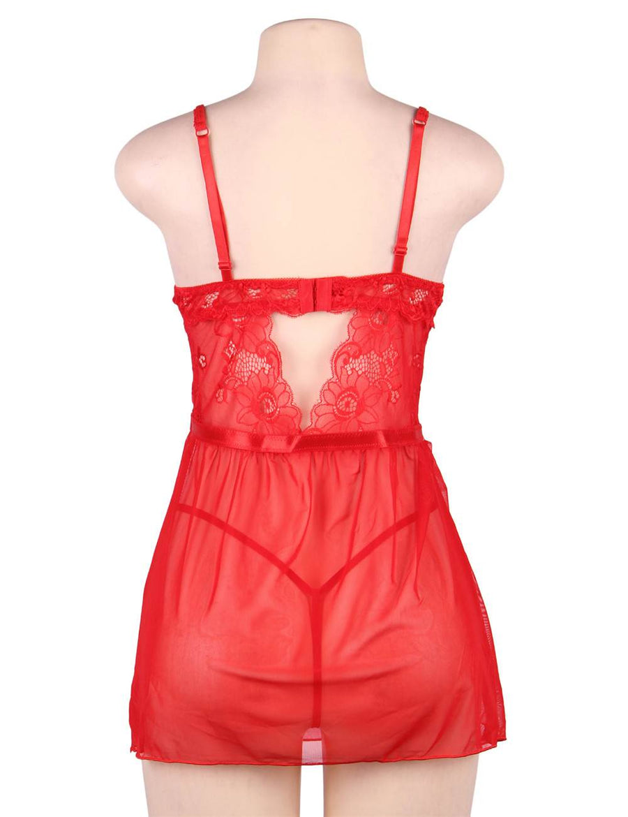 Plus Size Elegant Red Lace straps Backless Babydoll Set  With Steel Ring